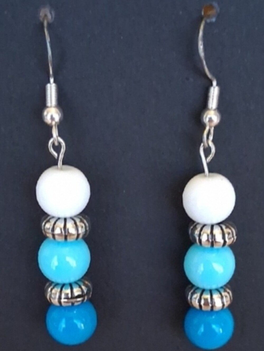 Hand Crafted Aqua/Teal & White Beaded Drop Pierced Earrings
